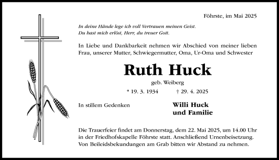 Traueranzeige von Ruth Huck von Hildesheimer Allgemeine Zeitung