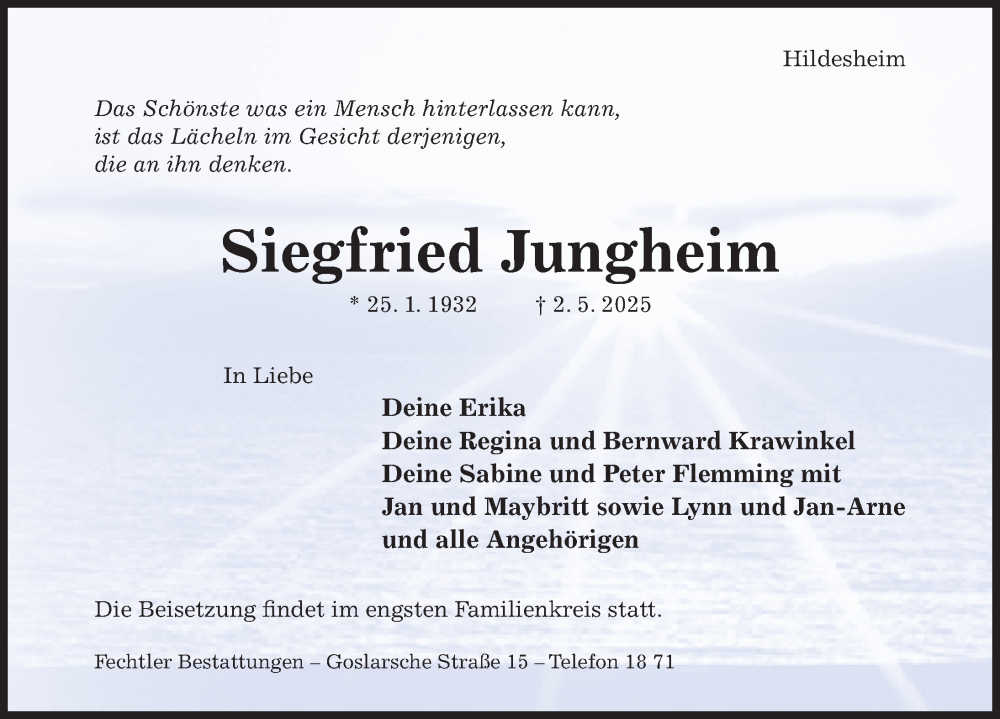  Traueranzeige für Siegfried Jungheim vom 07.05.2025 aus Hildesheimer Allgemeine Zeitung