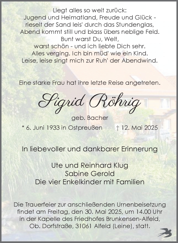  Traueranzeige für Sigrid Röhrig vom 24.05.2025 aus Hildesheimer Allgemeine Zeitung
