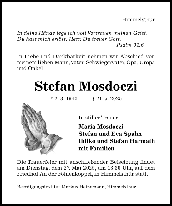 Traueranzeige von Stefan Mosdoczi von Hildesheimer Allgemeine Zeitung