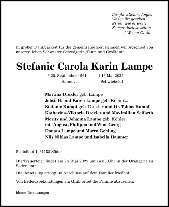 Traueranzeige von Stefanie Carola Karin Lampe von Hildesheimer Allgemeine Zeitung