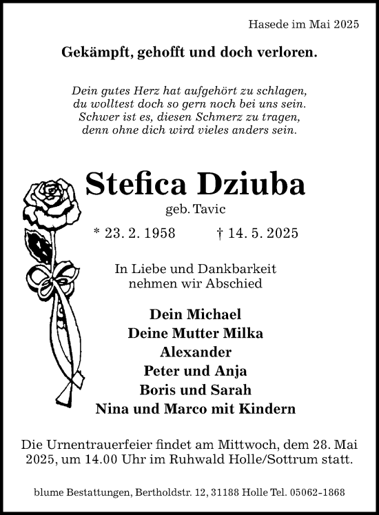 Traueranzeige von Stefica Dziuba von Hildesheimer Allgemeine Zeitung