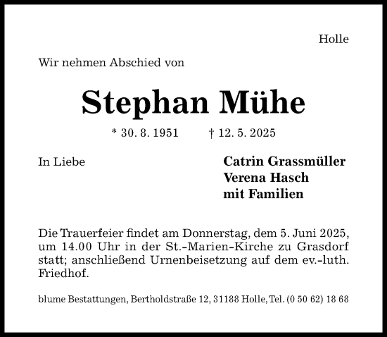 Traueranzeige von Stephan Mühe von Hildesheimer Allgemeine Zeitung