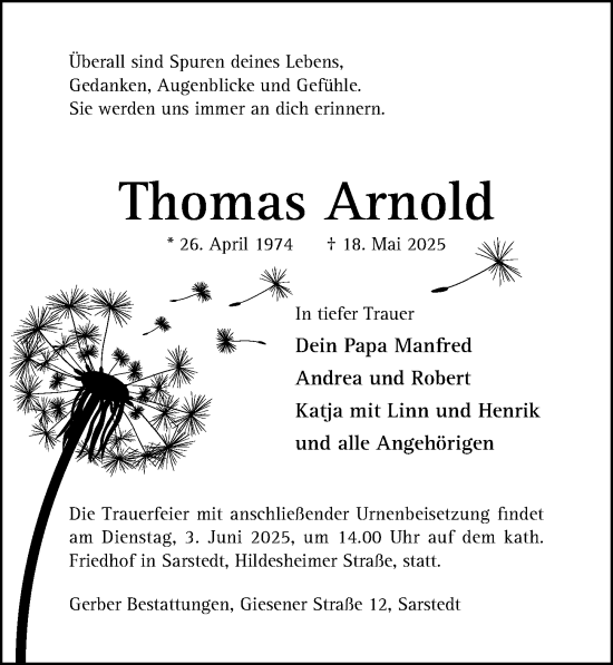 Traueranzeige von Thomas Arnold von Hildesheimer Allgemeine Zeitung
