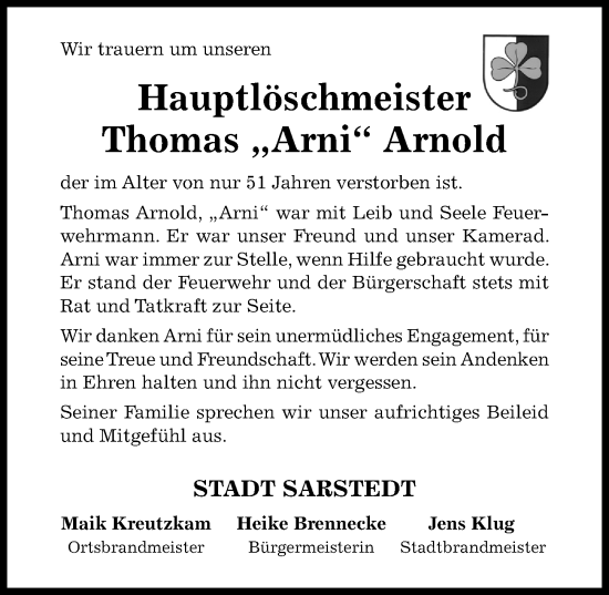 Traueranzeige von Thomas Arnold von Hildesheimer Allgemeine Zeitung