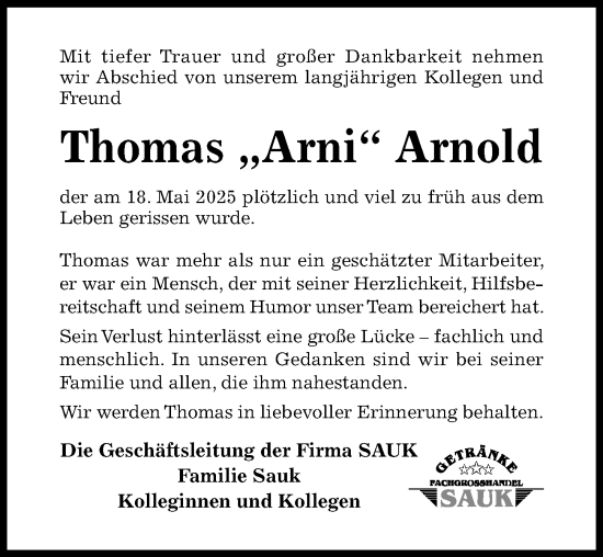 Traueranzeige von Thomas Arnold von Hildesheimer Allgemeine Zeitung