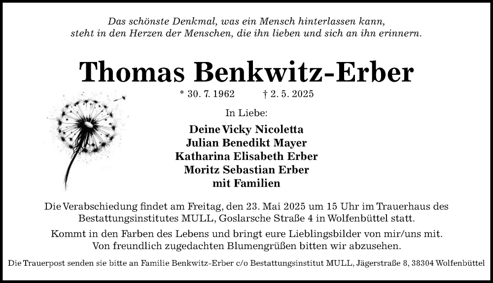  Traueranzeige für Thomas Benkwitz-Erber vom 17.05.2025 aus Hildesheimer Allgemeine Zeitung