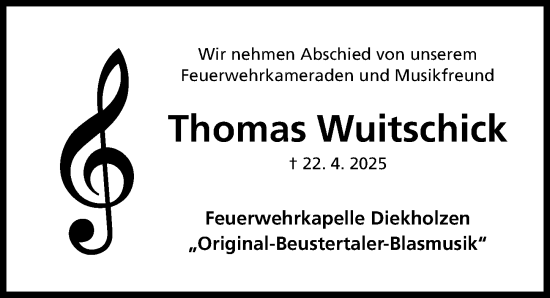 Traueranzeige von Thomas Wuitschick von Hildesheimer Allgemeine Zeitung