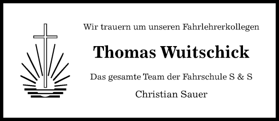 Traueranzeige von Thomas Wuitschick von Hildesheimer Allgemeine Zeitung