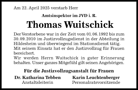 Traueranzeige von Thomas Wuitschick von Hildesheimer Allgemeine Zeitung
