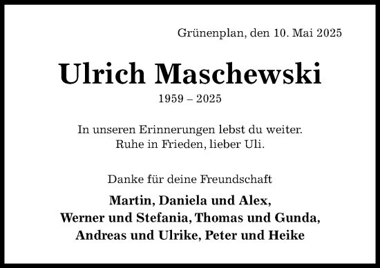 Traueranzeige von Ulrich Maschewski von Hildesheimer Allgemeine Zeitung