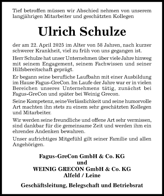 Traueranzeige von Ulrich Schulze von Hildesheimer Allgemeine Zeitung