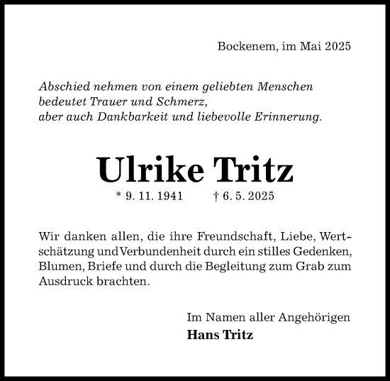 Traueranzeige von Ulrike Tritz von Hildesheimer Allgemeine Zeitung