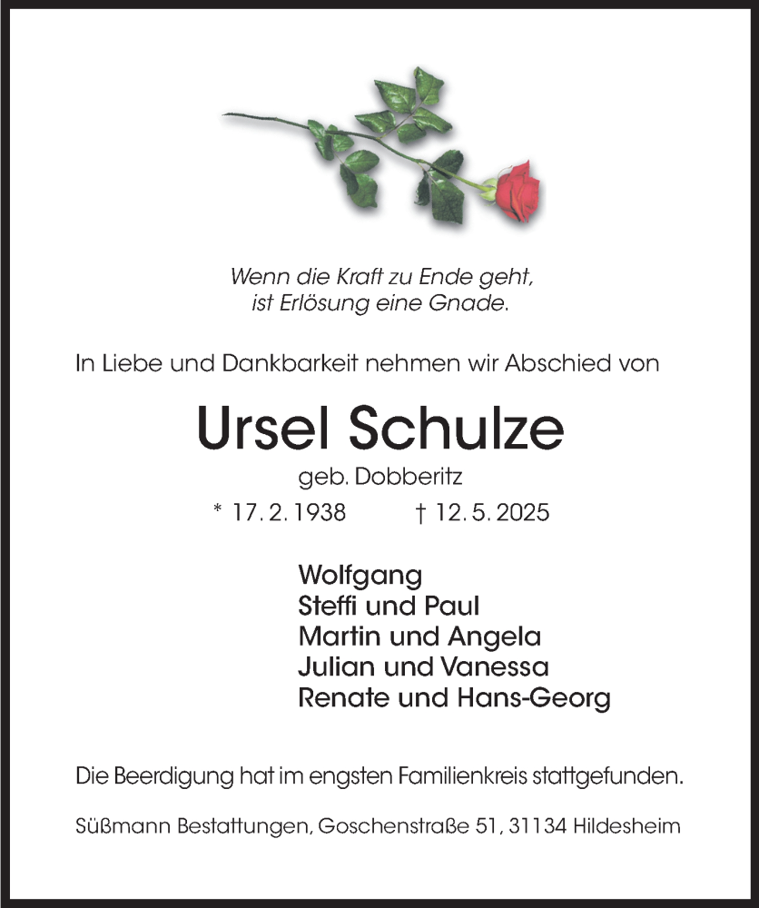  Traueranzeige für Ursel Schulze vom 21.05.2025 aus Hildesheimer Allgemeine Zeitung