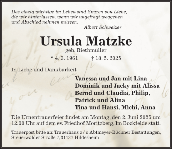Traueranzeige von Ursula Matzke von Hildesheimer Allgemeine Zeitung