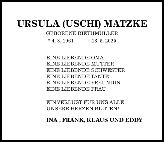 Traueranzeige von Ursula Matzke von Hildesheimer Allgemeine Zeitung