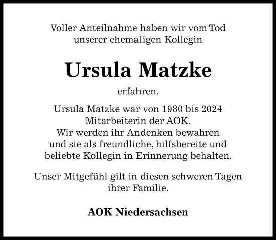 Traueranzeige von Ursula Matzke von Hildesheimer Allgemeine Zeitung