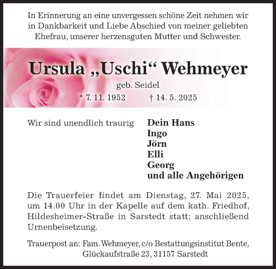 Traueranzeige von Ursula Wehmeyer von Hildesheimer Allgemeine Zeitung