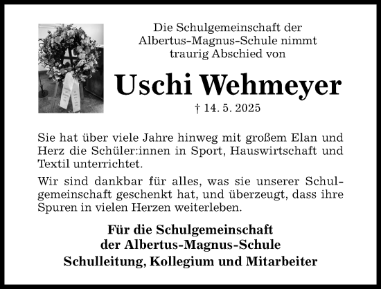 Traueranzeige von Uschi Wehmeyer von Hildesheimer Allgemeine Zeitung