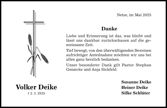 Traueranzeige von Volker Deike von Hildesheimer Allgemeine Zeitung