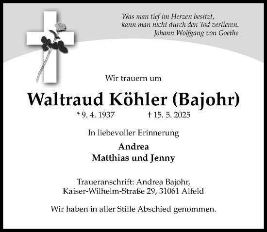 Traueranzeige von Waltraud Köhler von Hildesheimer Allgemeine Zeitung