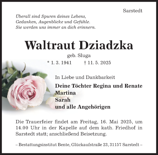 Traueranzeige von Waltraut Dziadzka von Hildesheimer Allgemeine Zeitung