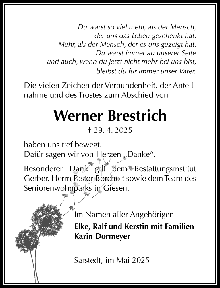  Traueranzeige für Werner Brestrich vom 24.05.2025 aus Hildesheimer Allgemeine Zeitung