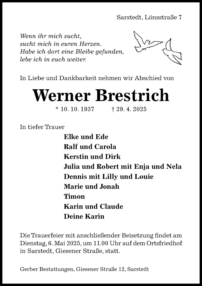  Traueranzeige für Werner Brestrich vom 03.05.2025 aus Hildesheimer Allgemeine Zeitung