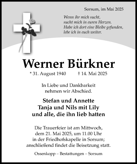 Traueranzeige von Werner Bürkner von Hildesheimer Allgemeine Zeitung