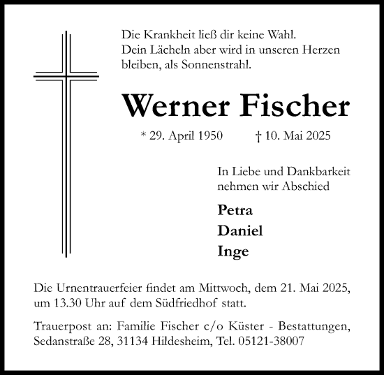 Traueranzeige von Werner Fischer von Hildesheimer Allgemeine Zeitung