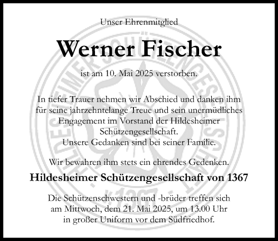 Traueranzeige von Werner Fischer von Hildesheimer Allgemeine Zeitung