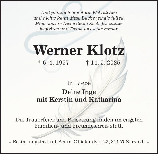 Traueranzeige von Werner Klotz von Hildesheimer Allgemeine Zeitung