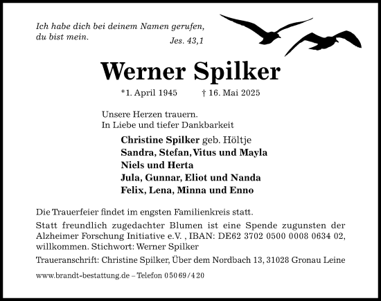 Traueranzeige von Werner Spilker von Hildesheimer Allgemeine Zeitung