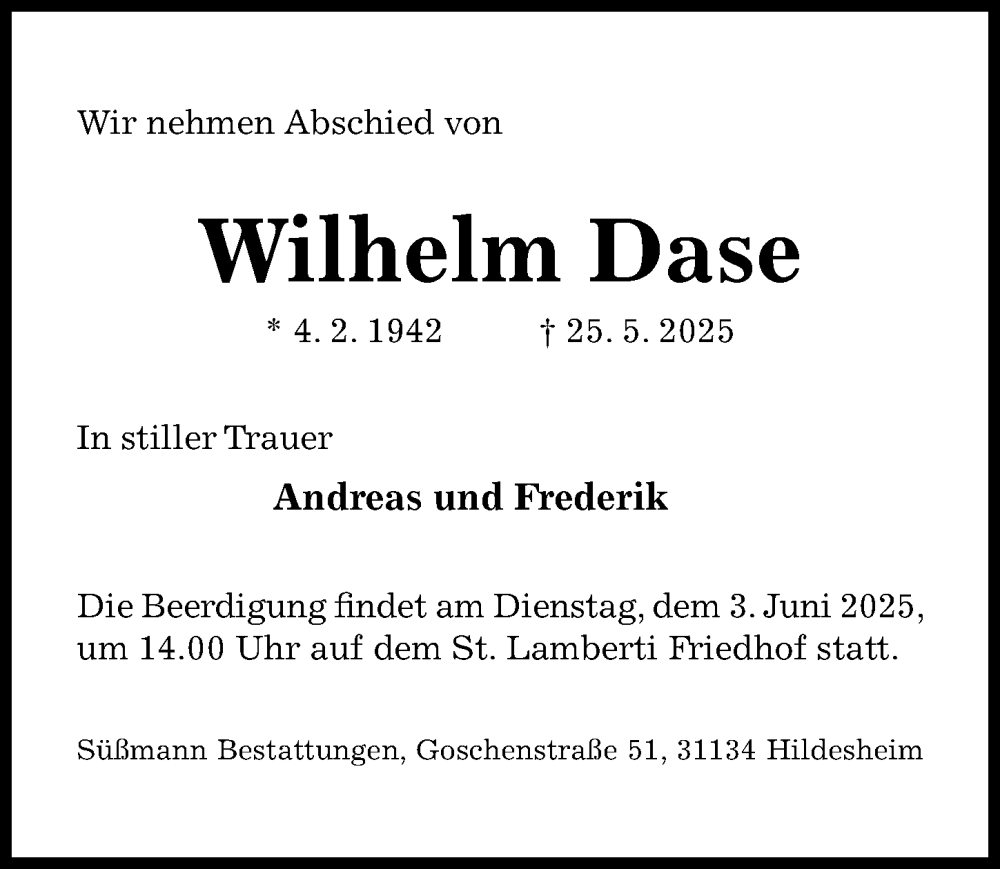 Traueranzeige für Wilhelm Dase vom 28.05.2025 aus Hildesheimer Allgemeine Zeitung