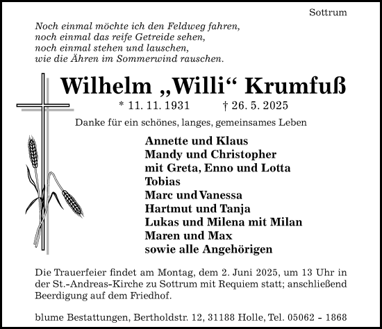 Traueranzeige von Wilhelm Krumfuß von Hildesheimer Allgemeine Zeitung