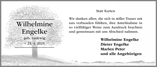 Traueranzeige von Wilhelmine Engelke von Hildesheimer Allgemeine Zeitung
