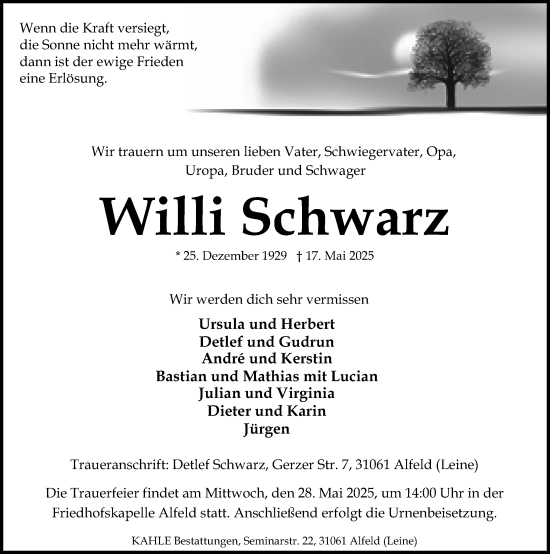 Traueranzeige von Willi Schwarz von Hildesheimer Allgemeine Zeitung