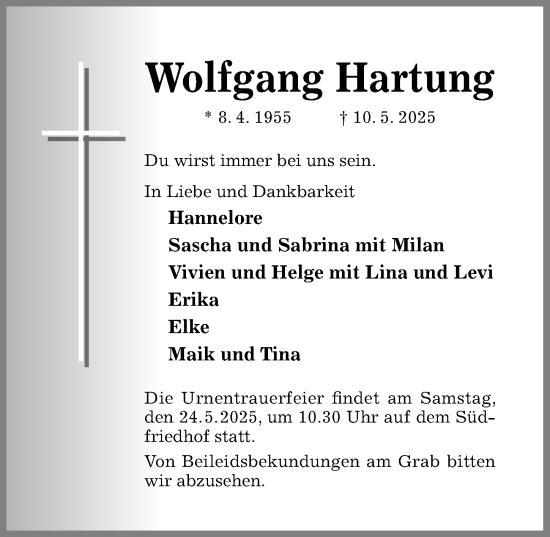 Traueranzeige von Wolfgang Hartung von Hildesheimer Allgemeine Zeitung