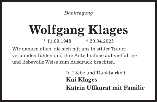 Traueranzeige von Wolfgang Klages von Hildesheimer Allgemeine Zeitung