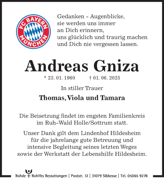 Traueranzeige von Andreas Gniza von Hildesheimer Allgemeine Zeitung