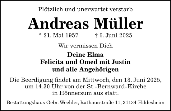 Traueranzeige von Andreas Müller von Hildesheimer Allgemeine Zeitung