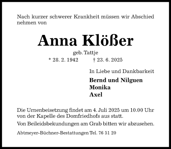 Traueranzeige von Anna Klößer von Hildesheimer Allgemeine Zeitung