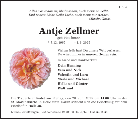 Traueranzeige von Antje Zellmer von Hildesheimer Allgemeine Zeitung