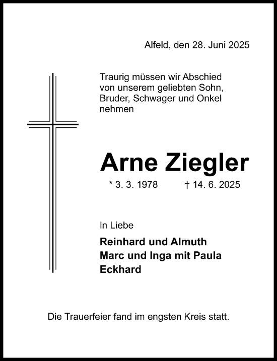 Traueranzeige von Arne Ziegler von Hildesheimer Allgemeine Zeitung
