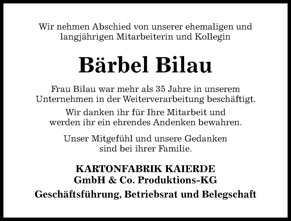  Traueranzeige für Bärbel Bilau vom 14.06.2025 aus Hildesheimer Allgemeine Zeitung