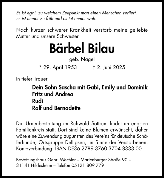 Traueranzeige von Bärbel Bilau von Hildesheimer Allgemeine Zeitung