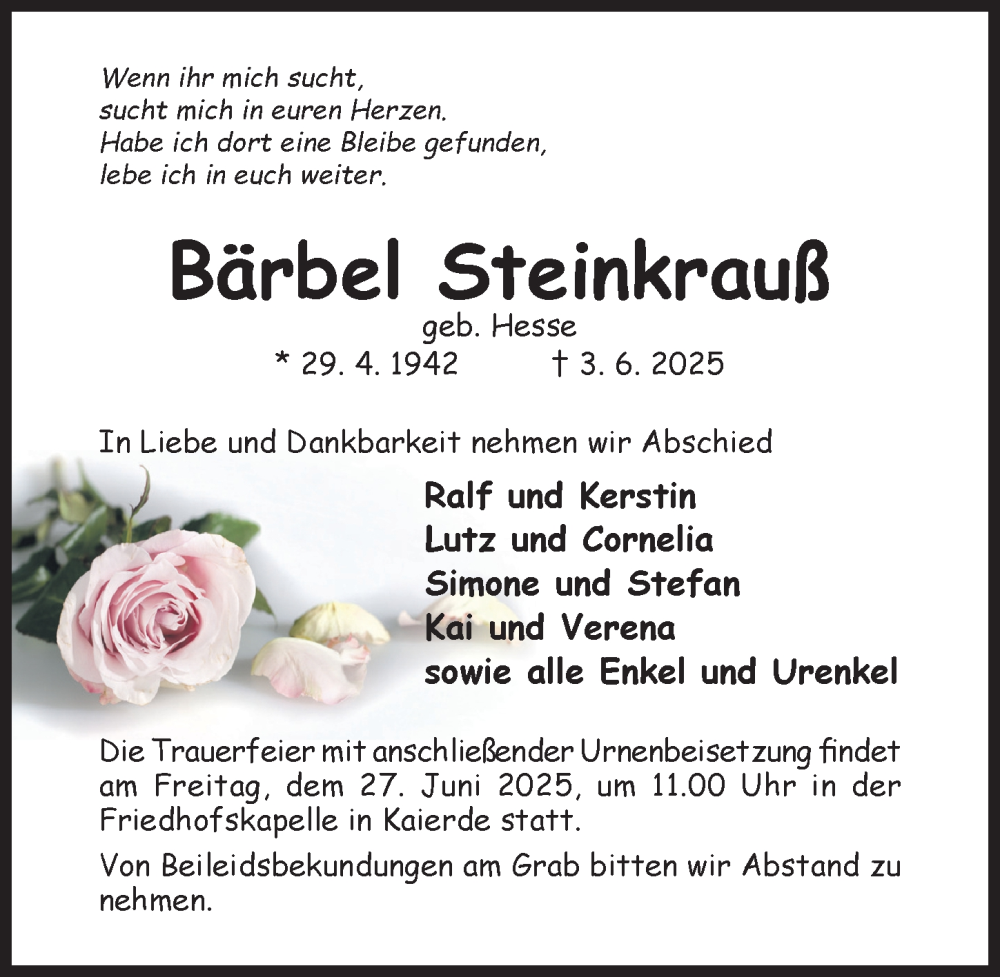  Traueranzeige für Bärbel Steinkrauß vom 21.06.2025 aus Hildesheimer Allgemeine Zeitung