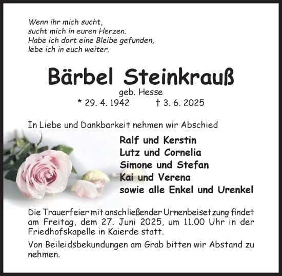 Traueranzeige von Bärbel Steinkrauß von Hildesheimer Allgemeine Zeitung