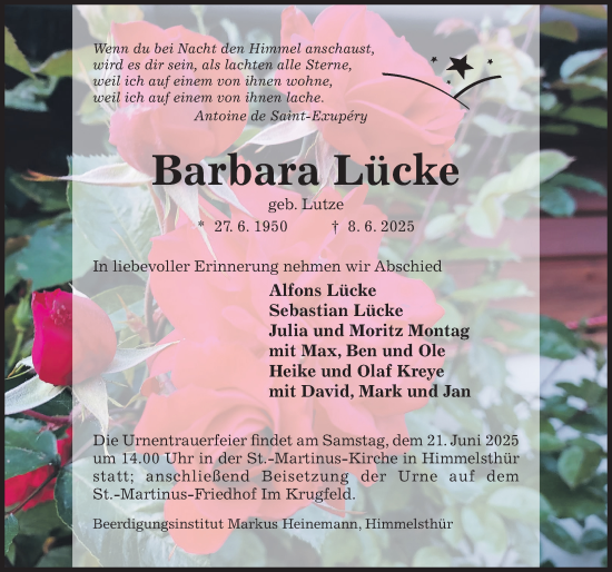 Traueranzeige von Barbara Lücke von Hildesheimer Allgemeine Zeitung