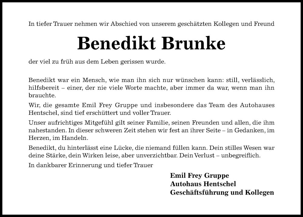  Traueranzeige für Benedikt Brunke vom 14.06.2025 aus Hildesheimer Allgemeine Zeitung